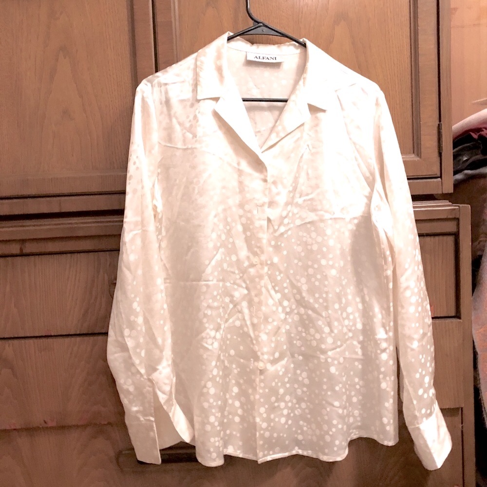 Alfani Silk Blouse Long Sleeve Solid Top Shirt Cream Swiss Polka Dot 10